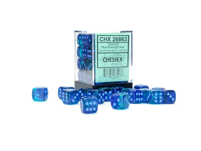 FOX -Chessex Gemini Blue-Blue/Light Blue 12MM D6 Dice Block