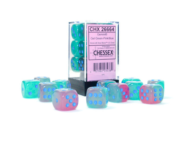 FOX -Chessex Gemini Gel Green-Pink/Blue Luminary 16MM D6 Dice Block