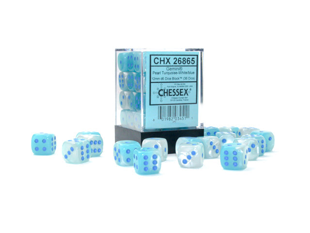 FOX -Chessex Gemini Pearl Turquoise-White/Blue Luminary 12MM D6 Dice Block