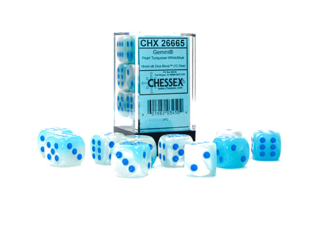 FOX -Chessex Gemini Pearl Turquoise-White/Blue Luminary 16MM D6 Dice Block