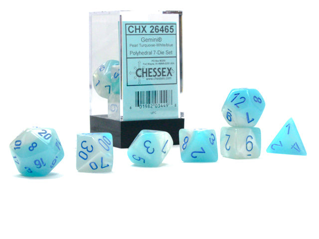 FOX -Chessex Gemini Pearl Turquoise-White/Blue Luminary 7 Die Set