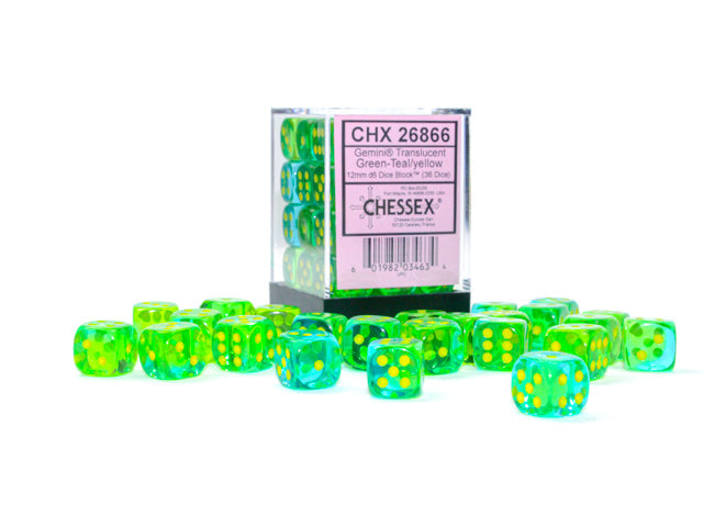 FOX -Chessex Gemini Translucent Green-Teal/Yellow 12MM D6 Dice Block