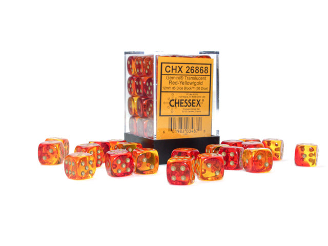 FOX -Chessex Gemini Translucent Red-Yellow/Gold 12MM D6 Dice Block