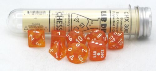 FOX -Chessex Lab Dice 6 Borealis Blood Orange/White 7 Die Set with Bonus Die