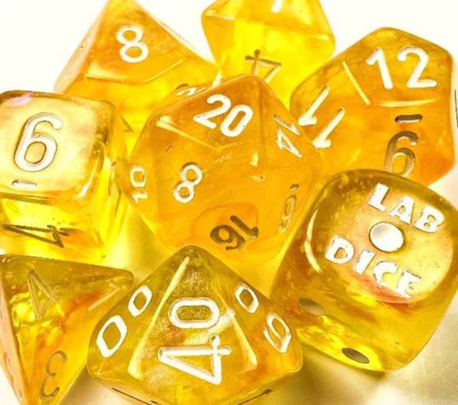 FOX -Chessex Lab Dice 6 Borealis Canary/White Luminary 7 Die set with Bonus Die