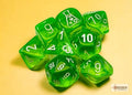 FOX -Chessex Translucent Rad Green/White 7-Die Set with Bonus Die