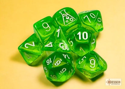 FOX -Chessex Translucent Rad Green/White 7-Die Set with Bonus Die